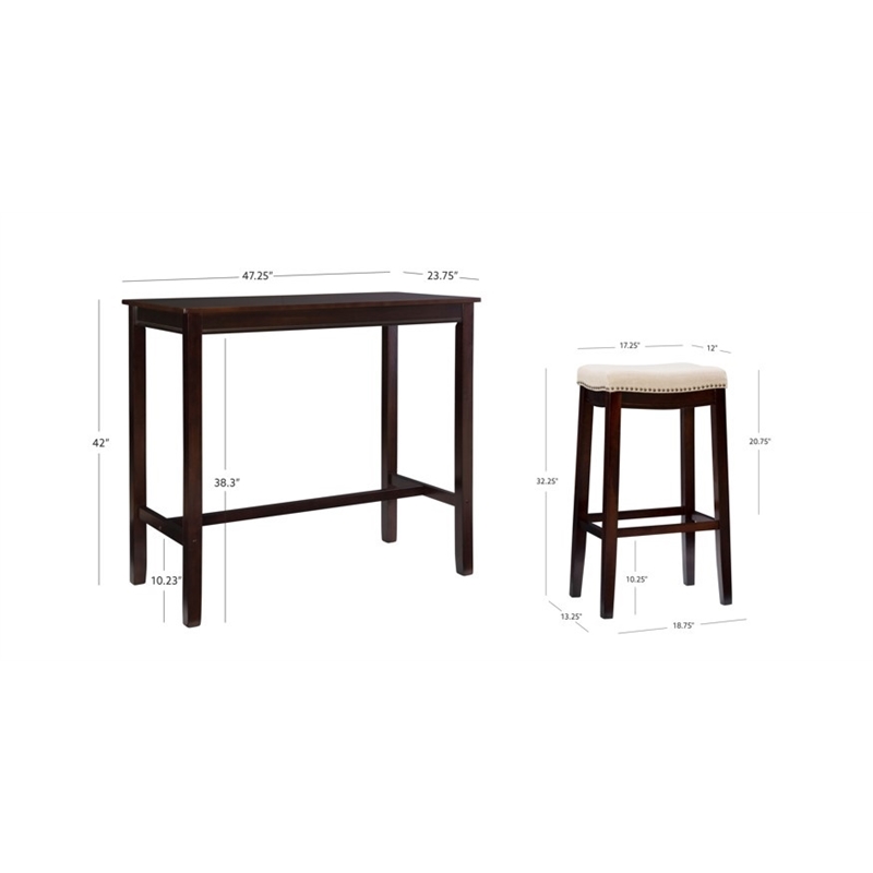 Linon Claridge Wood 3 Pce Bar Dining Set Natural Color Padded Seats in Walnut