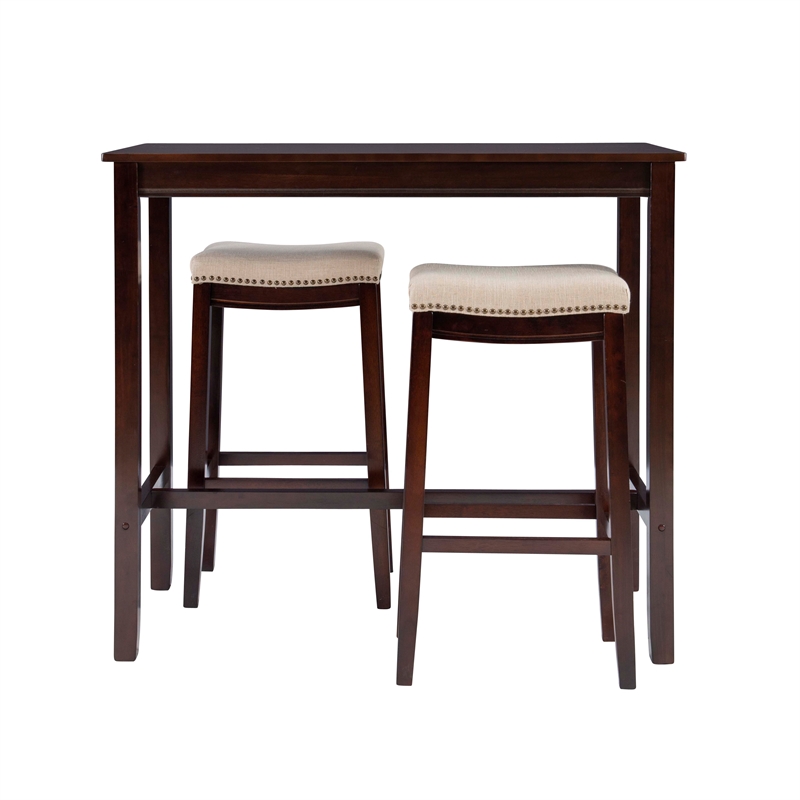 Linon Claridge Wood 3 Pce Bar Dining Set Natural Color Padded Seats in Walnut