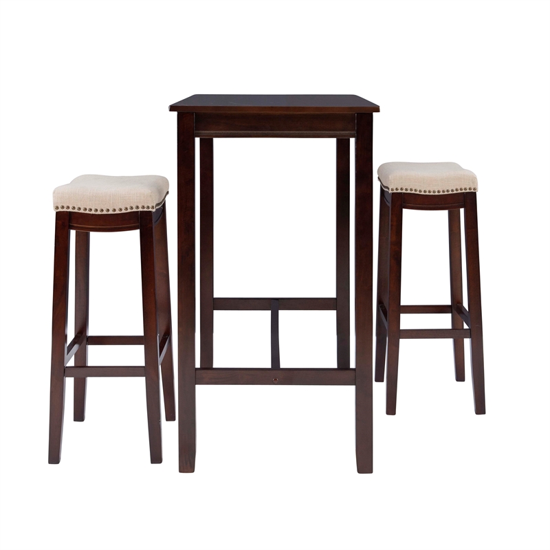 Linon Claridge Wood 3 Pce Bar Dining Set Natural Color Padded Seats in Walnut
