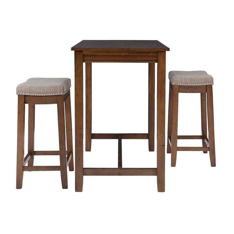 Linon Claridge Wood 3 Piece Counter Dining Set Gray Padded Seats in Rustic Brown