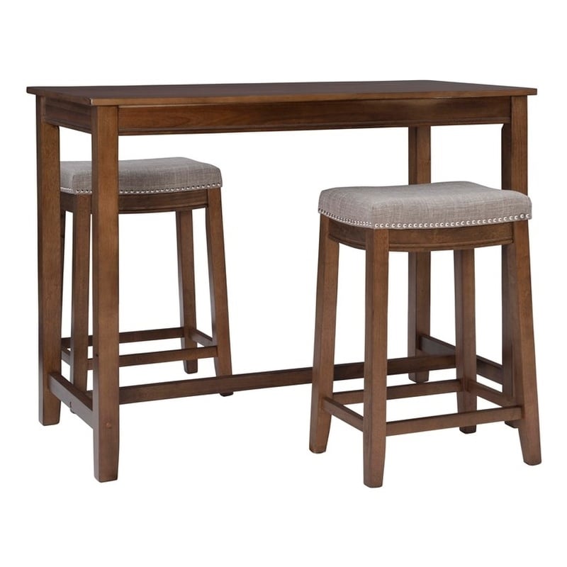 Linon Claridge Wood 3 Piece Counter Dining Set Gray Padded Seats in Rustic Brown