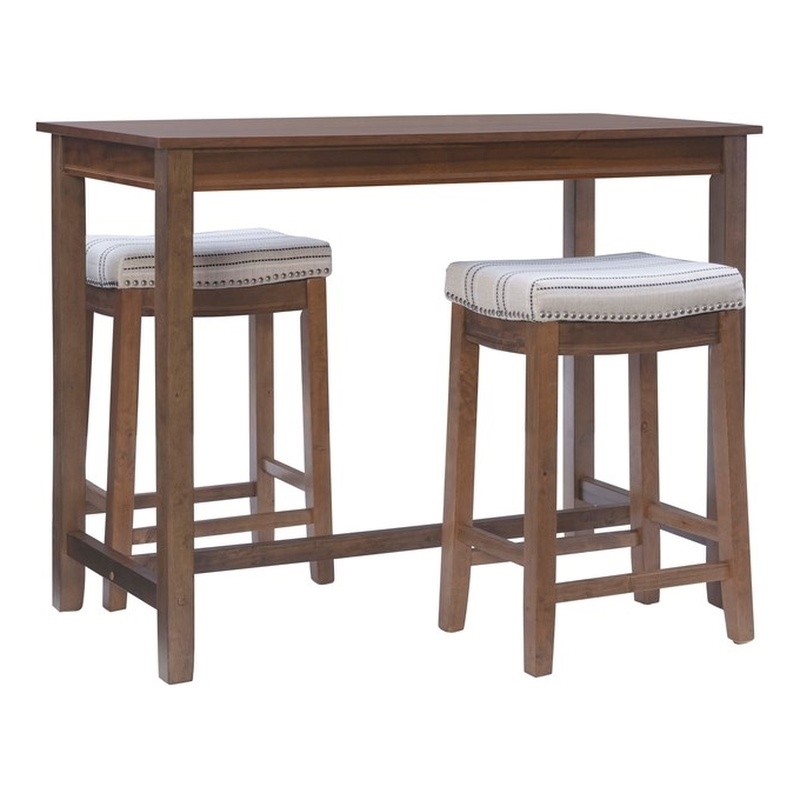 Linon Claridge Wood Three Piece Counter Dining Set Padded Striped Seats in Brown