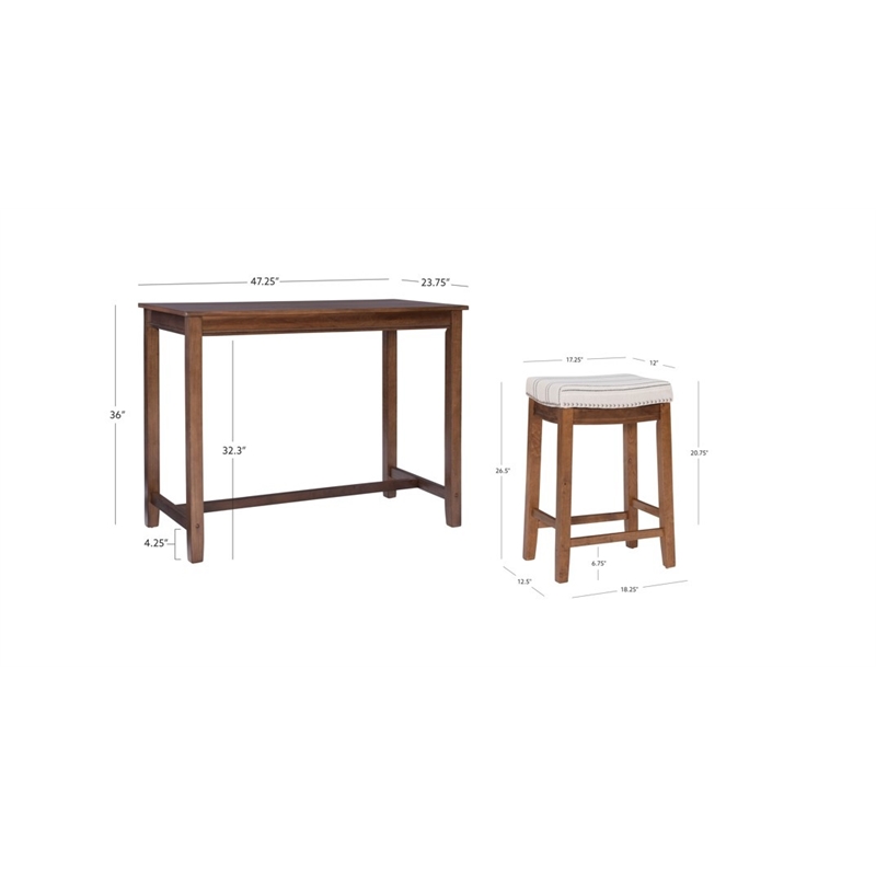 Linon Claridge Wood Three Piece Counter Dining Set Padded Striped Seats in Brown