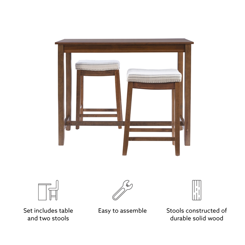 Linon Claridge Wood Three Piece Counter Dining Set Padded Striped Seats in Brown