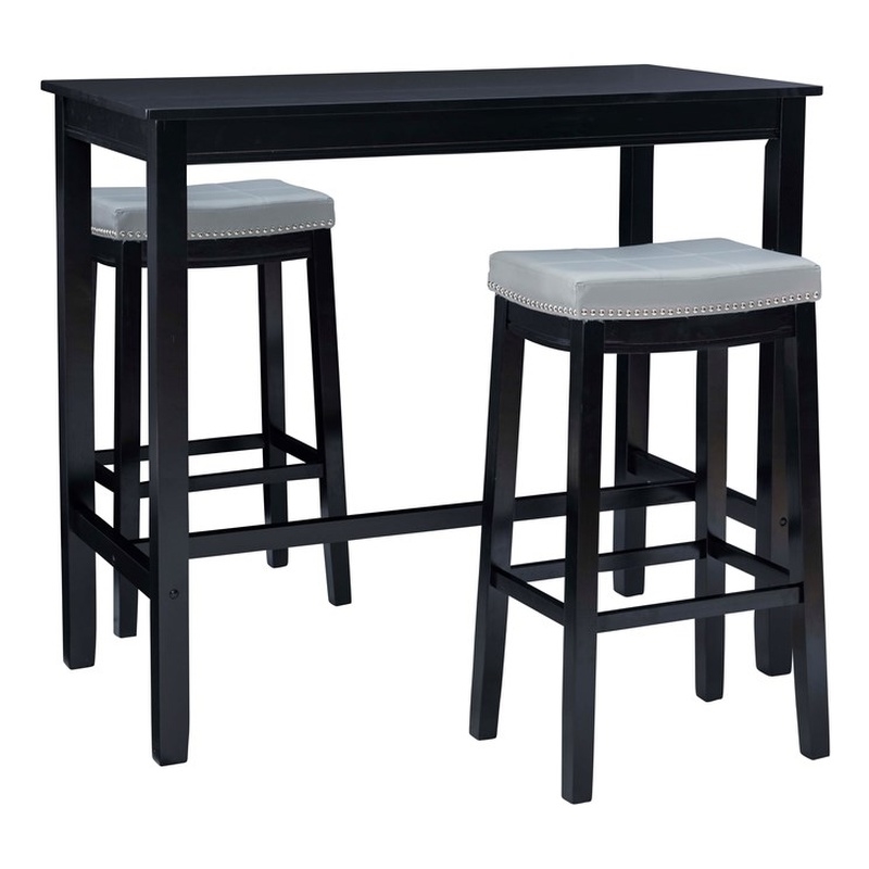 Linon Claridge Three Piece Bar Dining Set Gray Faux Leather Seats in Black Wood