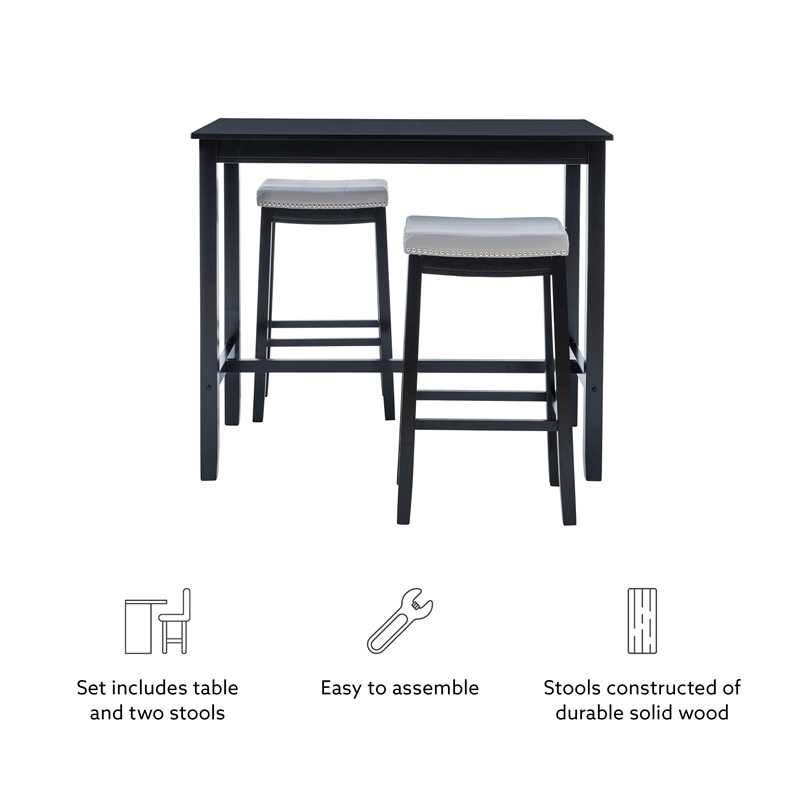 Linon Claridge Three Piece Bar Dining Set Gray Faux Leather Seats in Black Wood