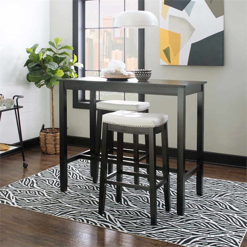 Linon Claridge 3 Piece Bar Dining Set White Faux Leather in Black Finished Wood