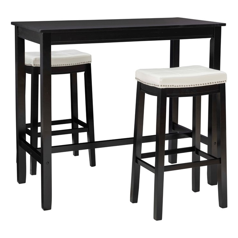 Linon Claridge 3 Piece Bar Dining Set White Faux Leather in Black Finished Wood