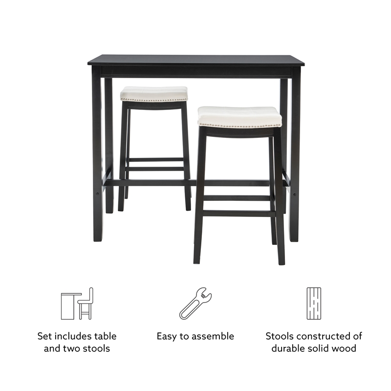 Linon Claridge 3 Piece Bar Dining Set White Faux Leather in Black Finished Wood