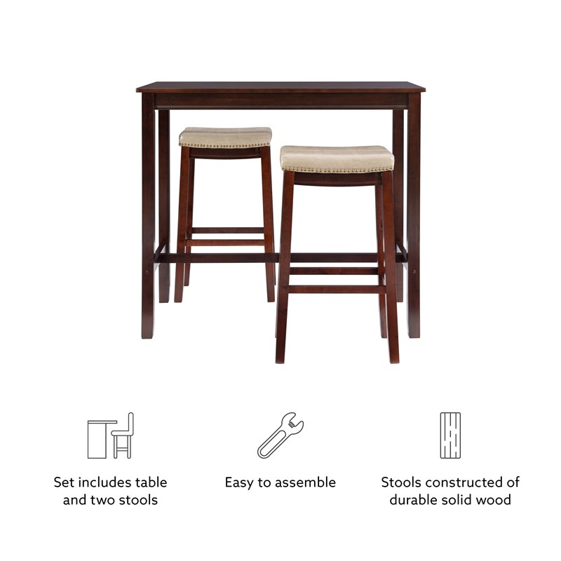 Linon Claridge Three Piece Bar Dining Set Beige Faux Leather Seats in Brown Wood