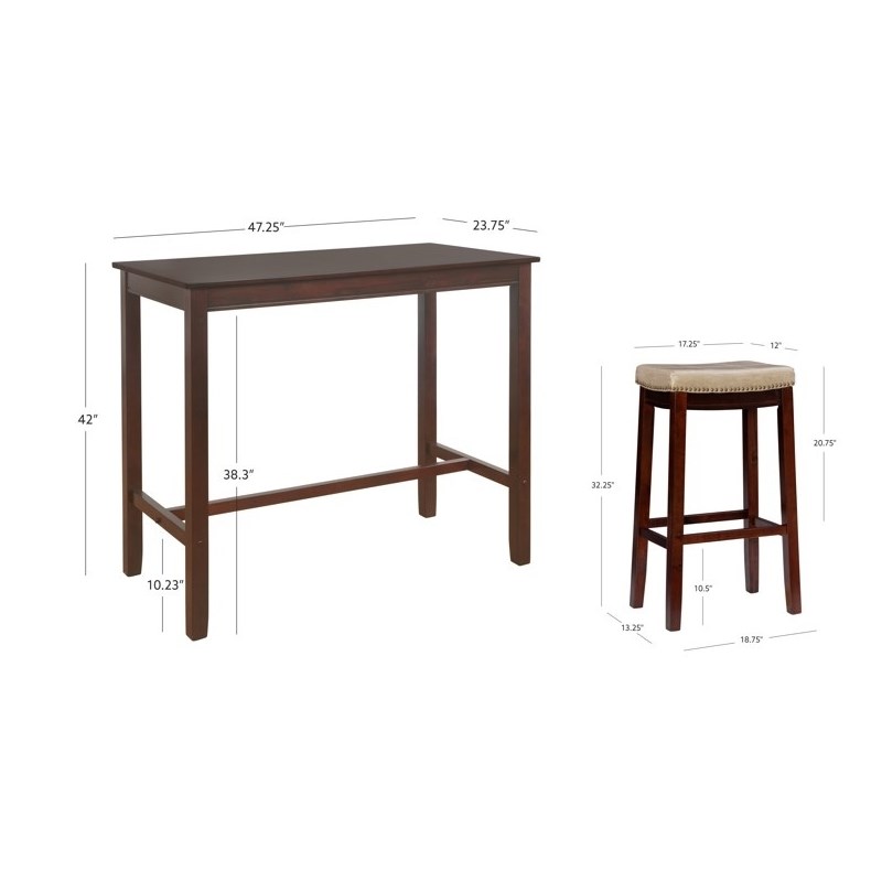 Linon Claridge Three Piece Bar Dining Set Beige Faux Leather Seats in Brown Wood