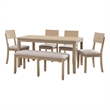 Linon Jordan Six Piece Upholstered Dining Set with Bench in Gray Washed Wood