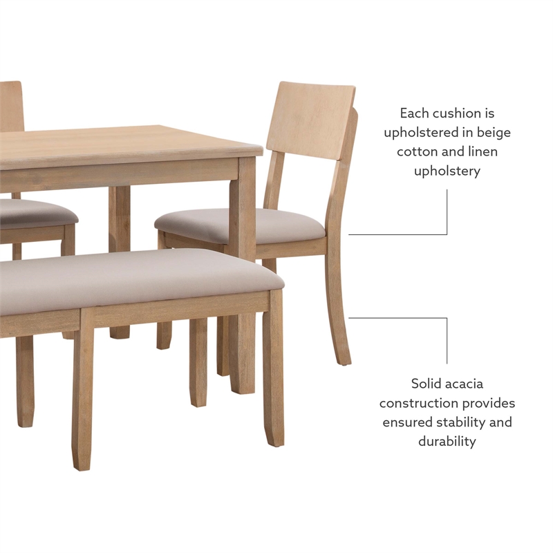 Linon Jordan Six Piece Upholstered Dining Set with Bench in Gray Washed Wood