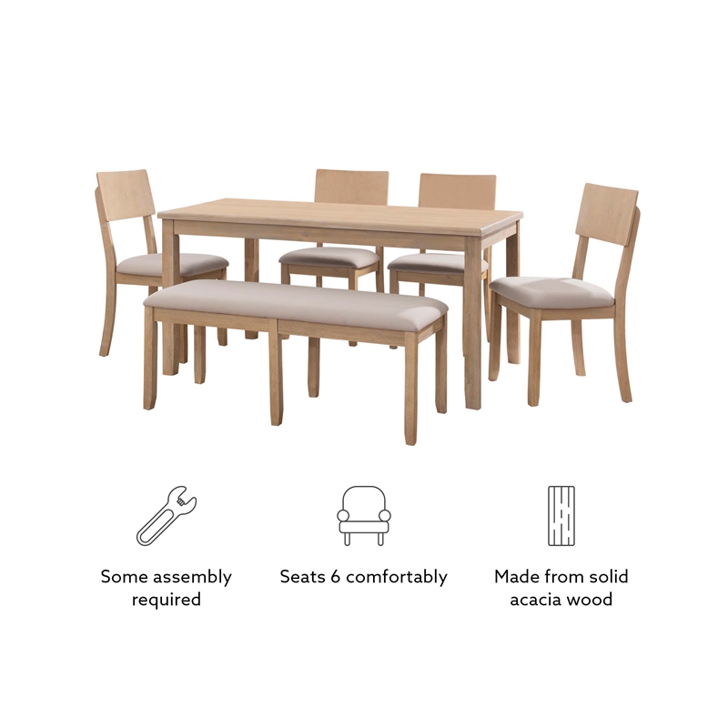 Linon Jordan Six Piece Upholstered Dining Set with Bench in Gray Washed Wood