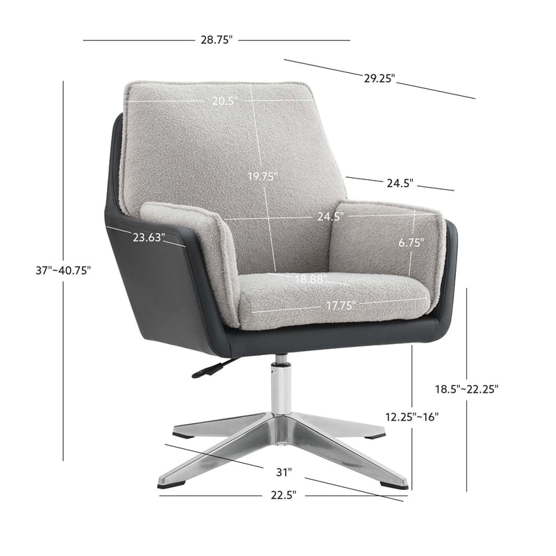 Linon Vivian Metal Adjustable Swivel Chair in Black Faux Leather and Gray Sherpa
