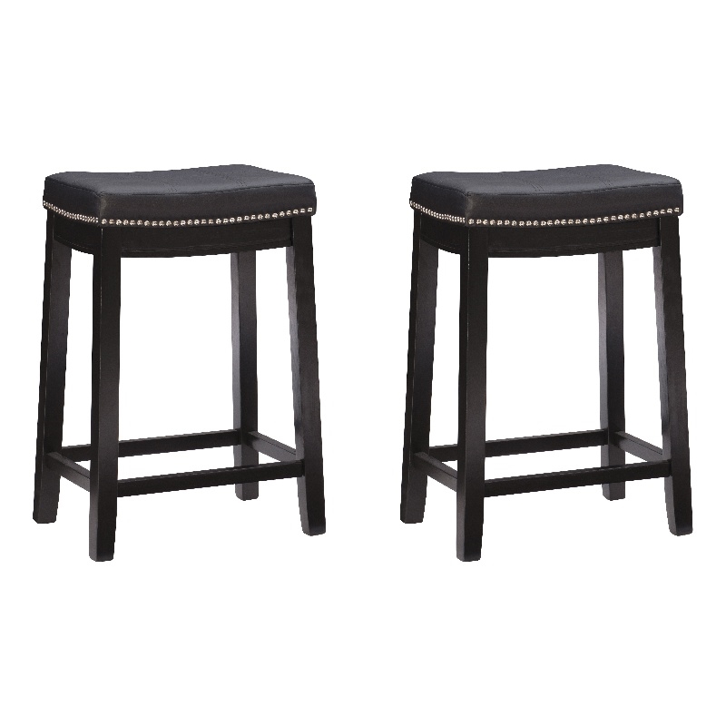 Linon Claridge Wood Set of Two Counter Stools Faux Leather Seats in Black