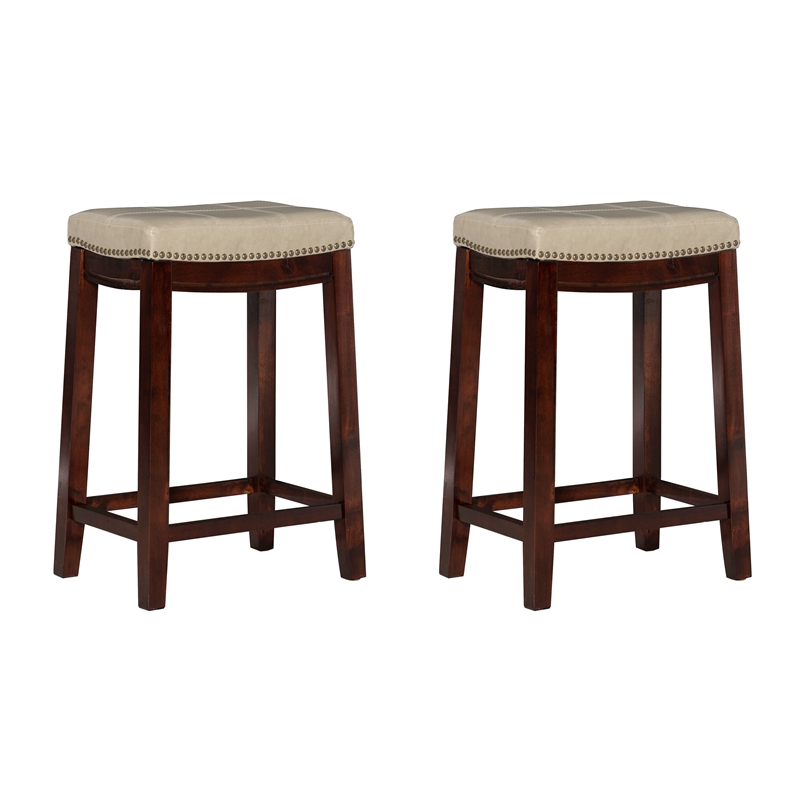 Linon Claridge Wood Set of 2 Counter Stools Beige Faux Leather Seats in Dk Brown