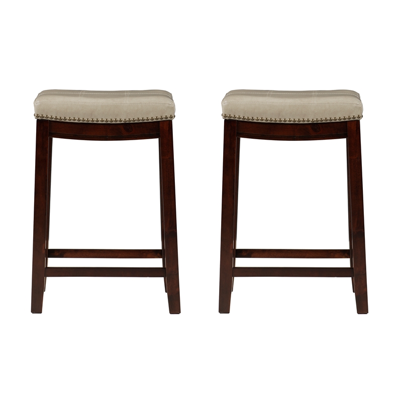 Linon Claridge Wood Set of 2 Counter Stools Beige Faux Leather Seats in Dk Brown