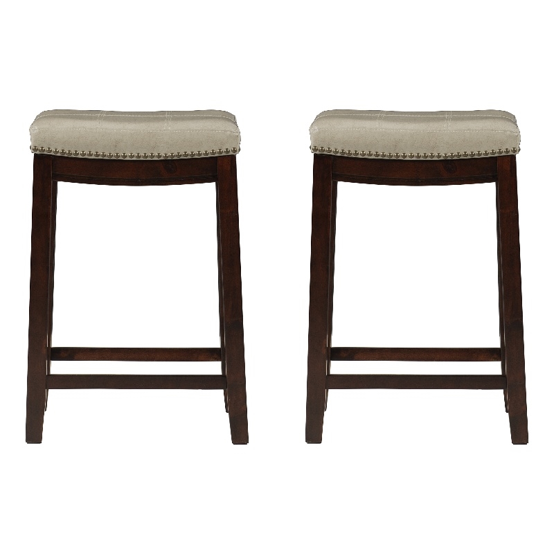 Linon Claridge Wood Set of 2 Counter Stools Beige Faux Leather Seats in Dk Brown