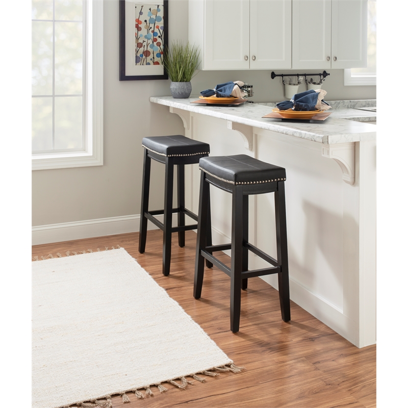 Linon Claridge Wood Set of Two Bar Stools Faux Leather Seats in Black