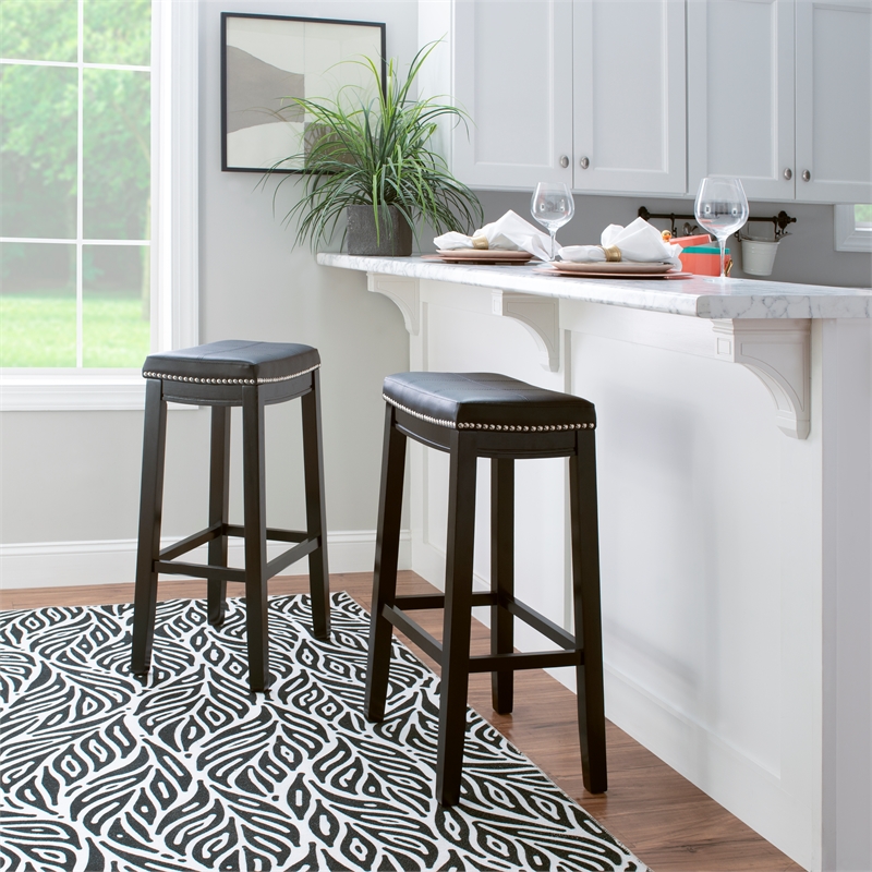 Linon Claridge Wood Set of Two Bar Stools Faux Leather Seats in Black