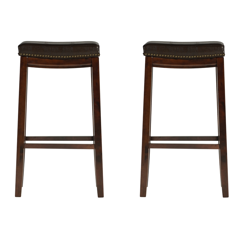 Linon Claridge Wood Set of 2 Bar Stools Brown Faux Leather Seats in Brown Finish
