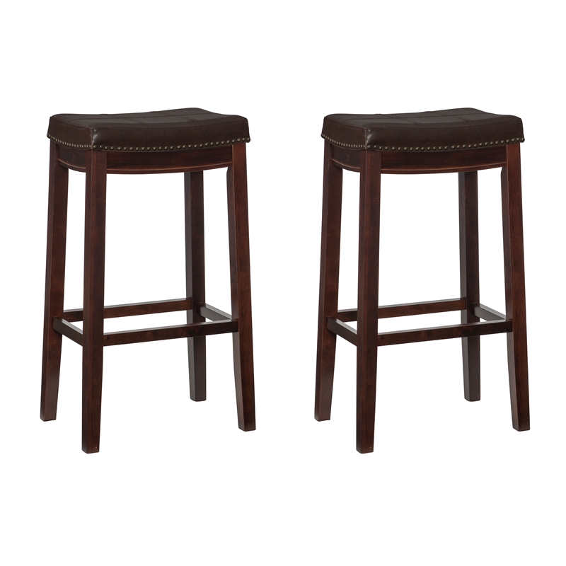 Linon Claridge Wood Set of 2 Bar Stools Brown Faux Leather Seats in Brown Finish