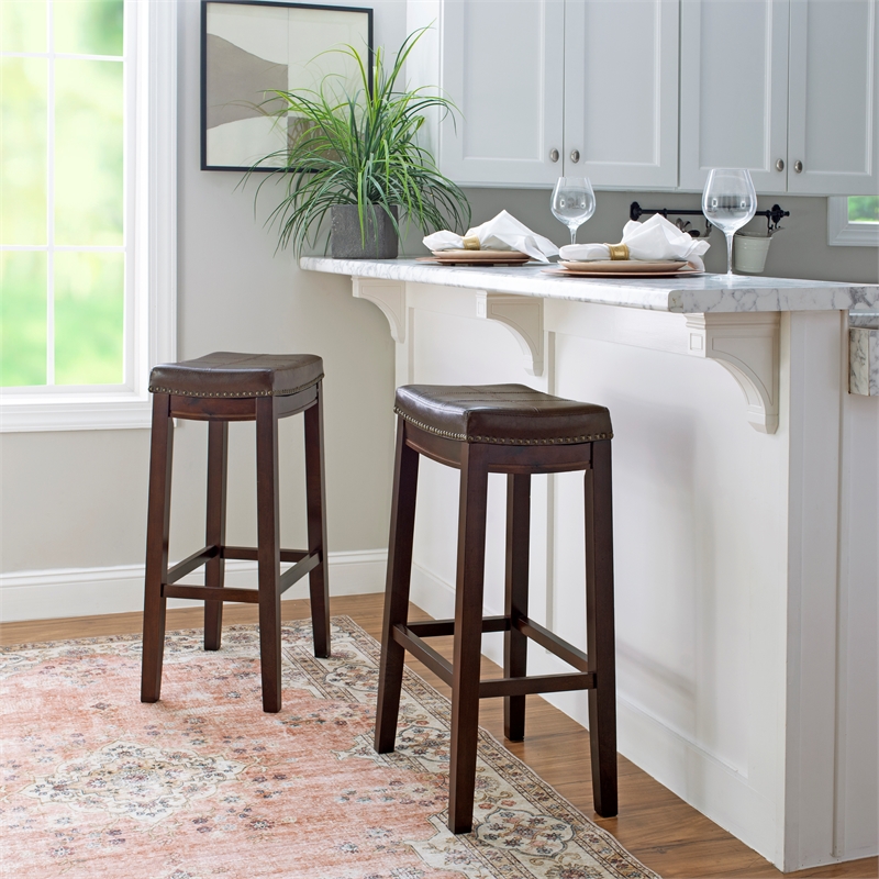 Linon Claridge Wood Set of 2 Bar Stools Brown Faux Leather Seats in Brown Finish