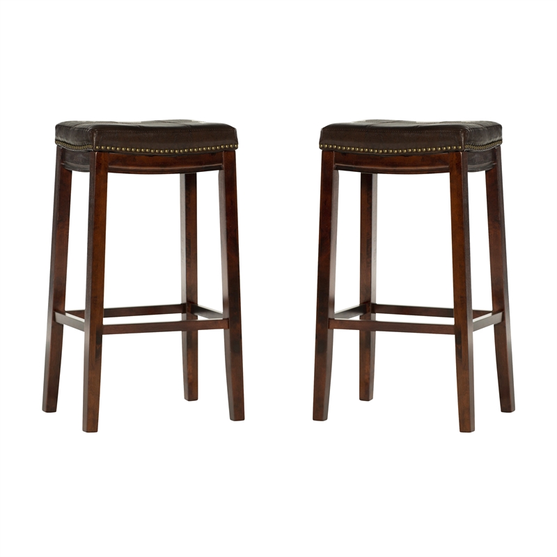 Linon Claridge Wood Set of 2 Bar Stools Brown Faux Leather Seats in Brown Finish