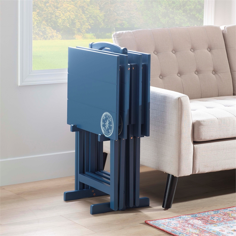 Linon Lorie 5 Piece Tray Table Set Planked Top Compass Design in Navy Blue Wood