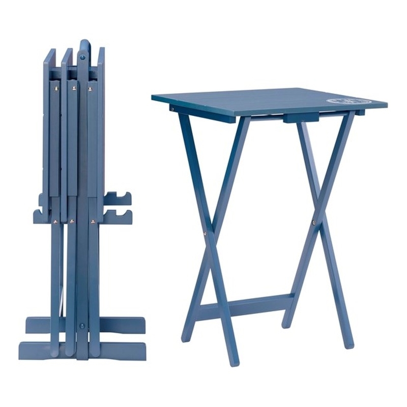 Linon Lorie 5 Piece Tray Table Set Planked Top Compass Design in Navy Blue Wood