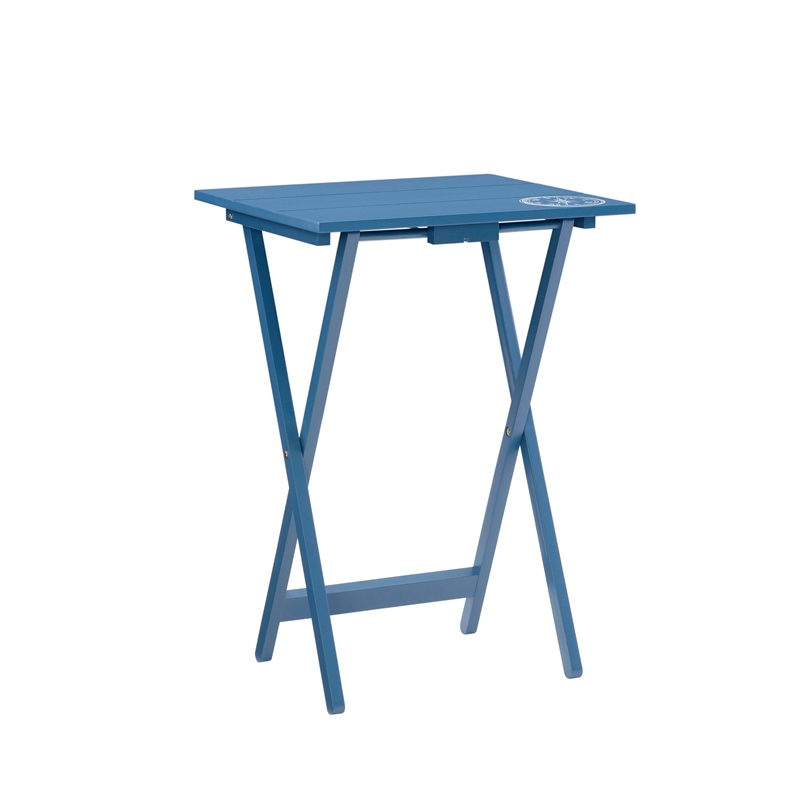 Linon Lorie 5 Piece Tray Table Set Planked Top Compass Design in Navy Blue Wood