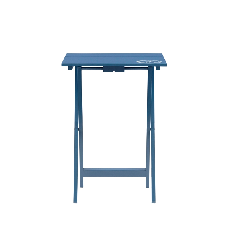 Linon Lorie 5 Piece Tray Table Set Planked Top Compass Design in Navy Blue Wood