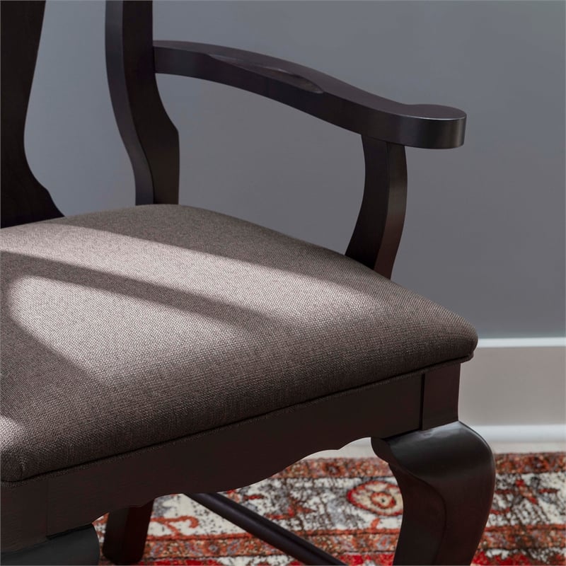 Linon Adrian Arm Chair Grey Upholstered Seat with Frame in Dark Brown Beechwood