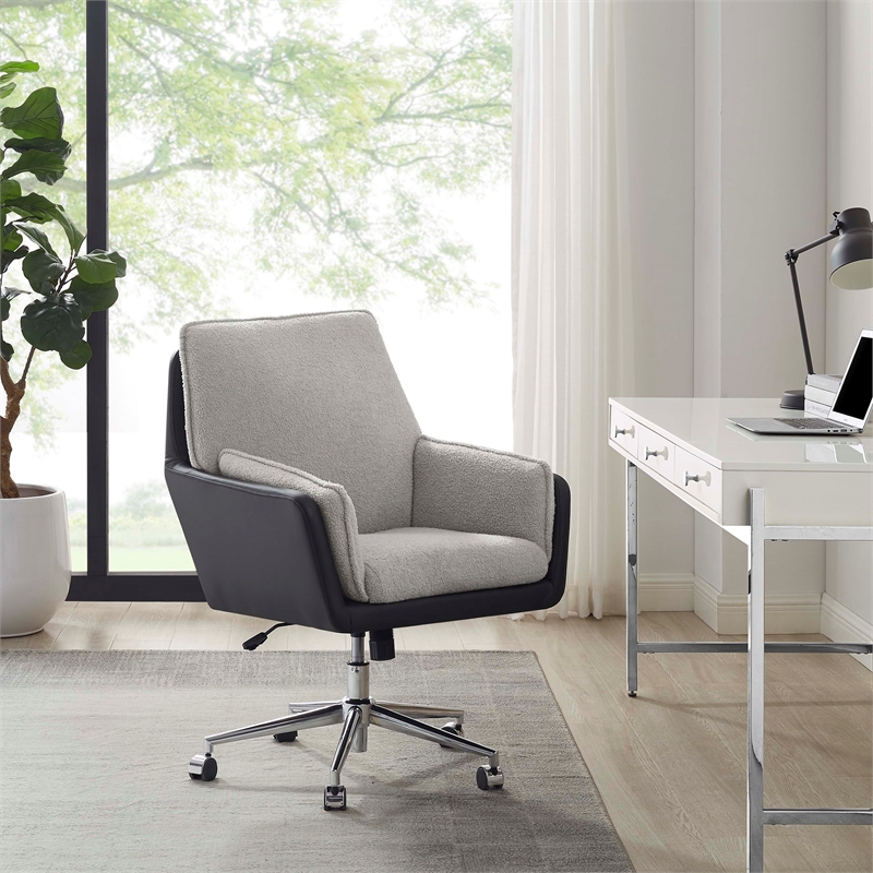 Linon Stella Faux Leather/Sherpa Swivel Rolling Office Chair in Gray & Black