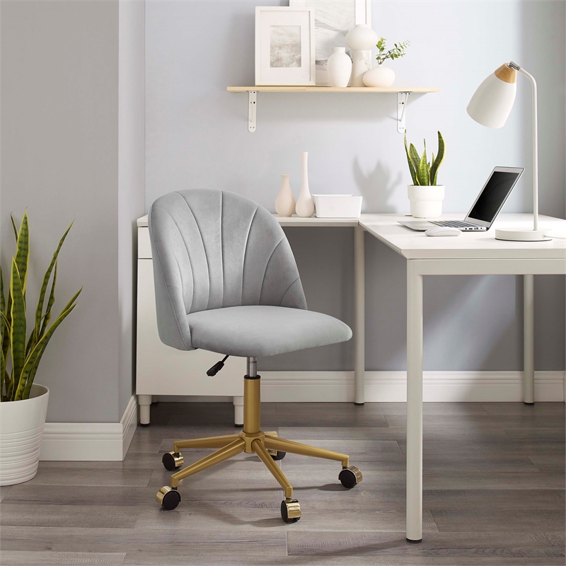 Linon Alyssa Upholstered Adjustable Swivel Desk Chair Gold Legs in Light Gray