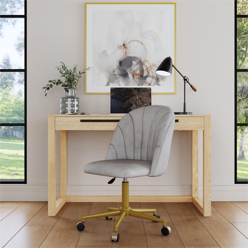 Linon Alyssa Upholstered Adjustable Swivel Desk Chair Gold Legs in Light Gray