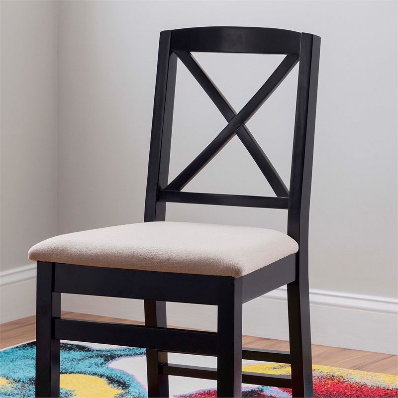 Linon Ervin Wood X-Back Set of 2 Dining Chairs Beige Padded Seats in Black
