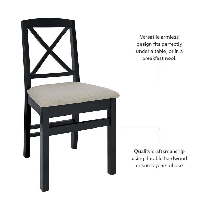 Linon Ervin Wood X-Back Set of 2 Dining Chairs Beige Padded Seats in Black