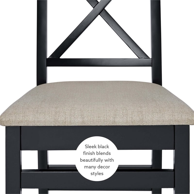 Linon Ervin Wood X-Back Set of 2 Dining Chairs Beige Padded Seats in Black