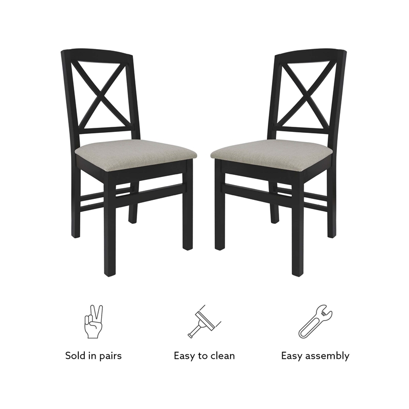 Linon Ervin Wood X-Back Set of 2 Dining Chairs Beige Padded Seats in Black