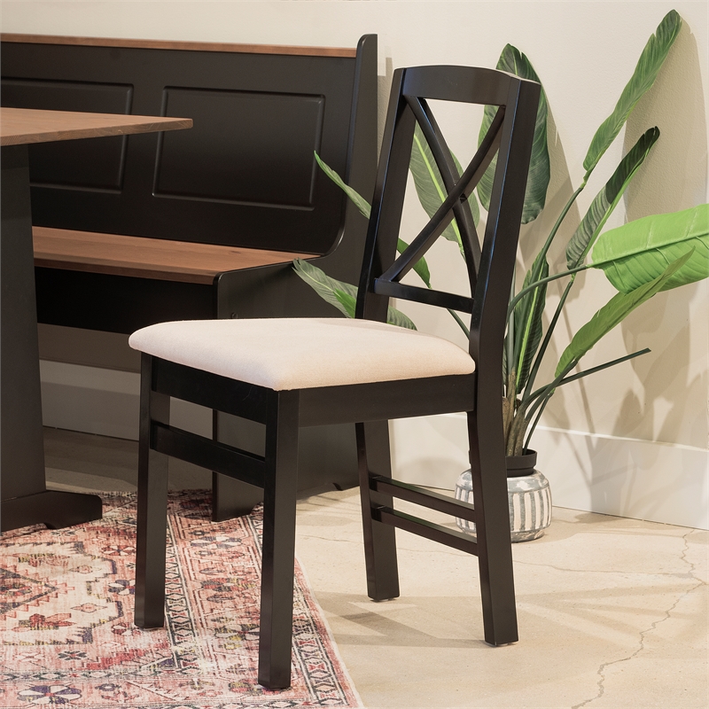 Linon Ervin Wood X-Back Set of 2 Dining Chairs Beige Padded Seats in Black