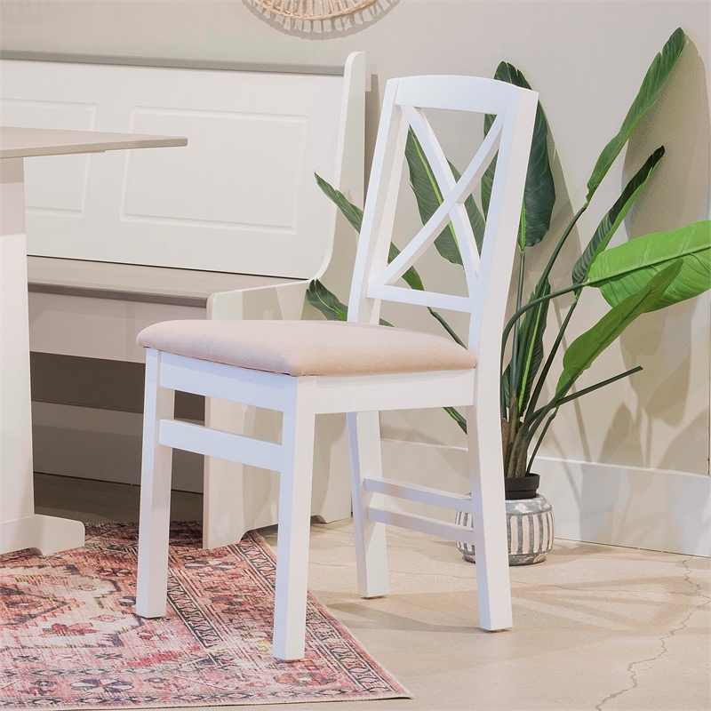 Linon Ervin Wood X-Back Set of 2 Dining Chairs Beige Padded Seat in White Finish