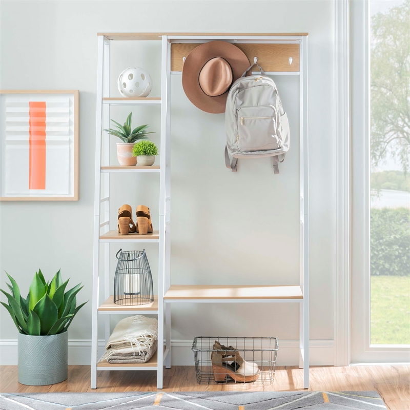 Linon Austin Sturdy Rustic Hall Tree 6 Wood Shelves 4 Hooks Metal Frame in White