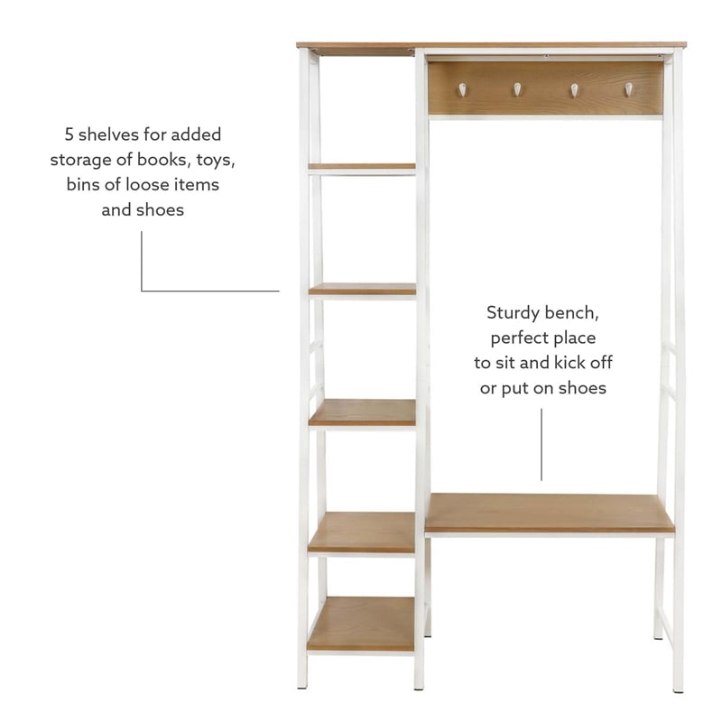 Linon Austin Sturdy Rustic Hall Tree 6 Wood Shelves 4 Hooks Metal Frame in White