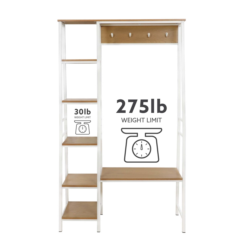 Linon Austin Sturdy Rustic Hall Tree 6 Wood Shelves 4 Hooks Metal Frame in White