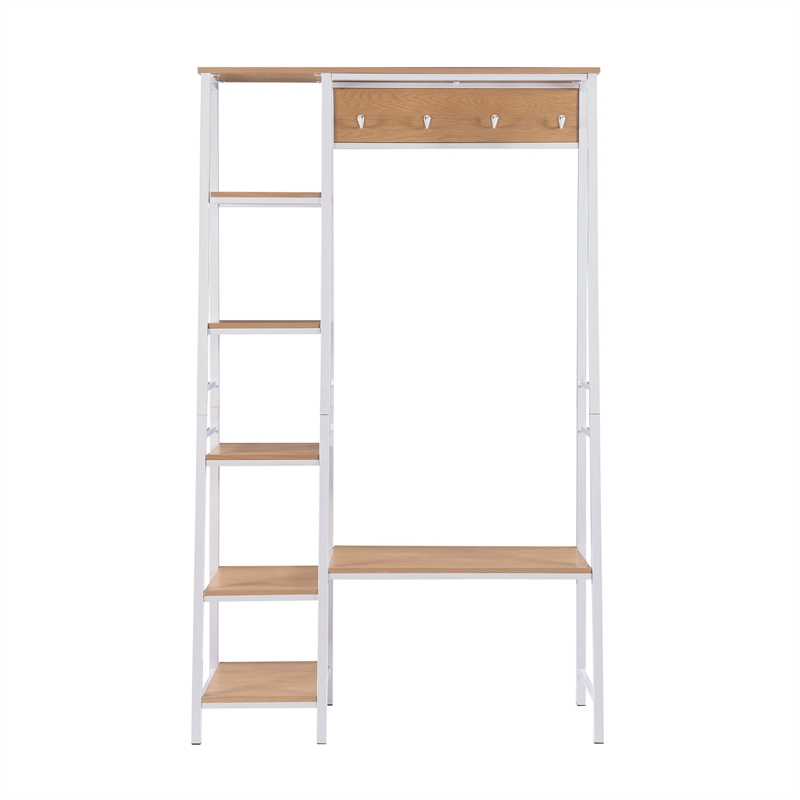 Linon Austin Sturdy Rustic Hall Tree 6 Wood Shelves 4 Hooks Metal Frame in White