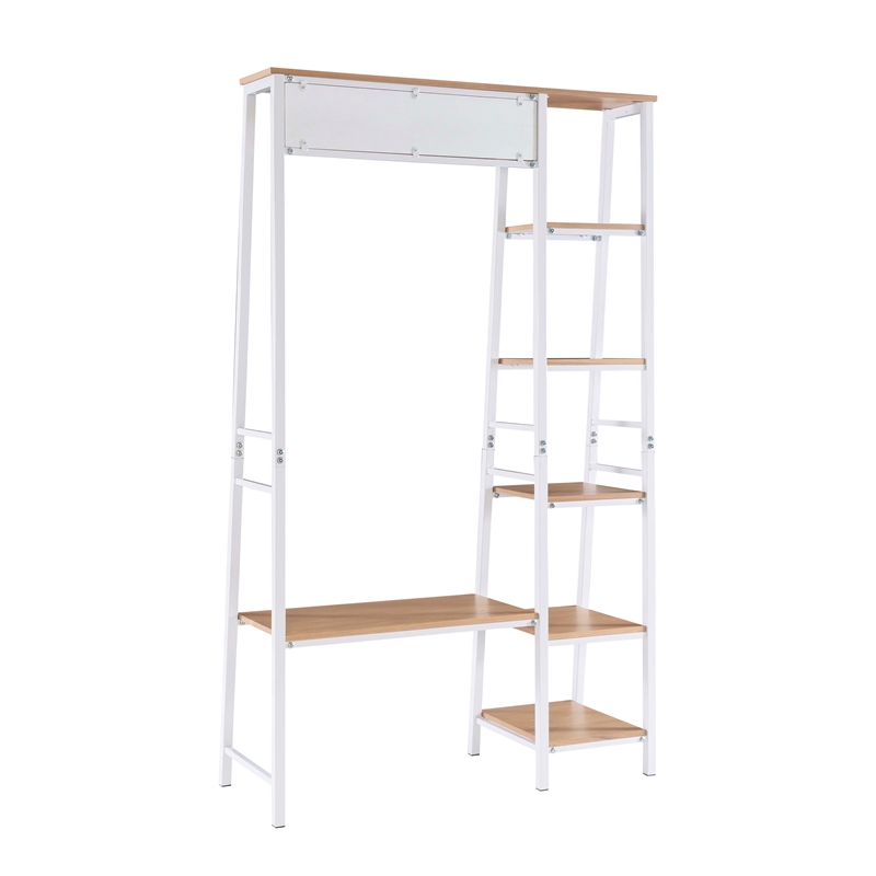 Linon Austin Sturdy Rustic Hall Tree 6 Wood Shelves 4 Hooks Metal Frame in White