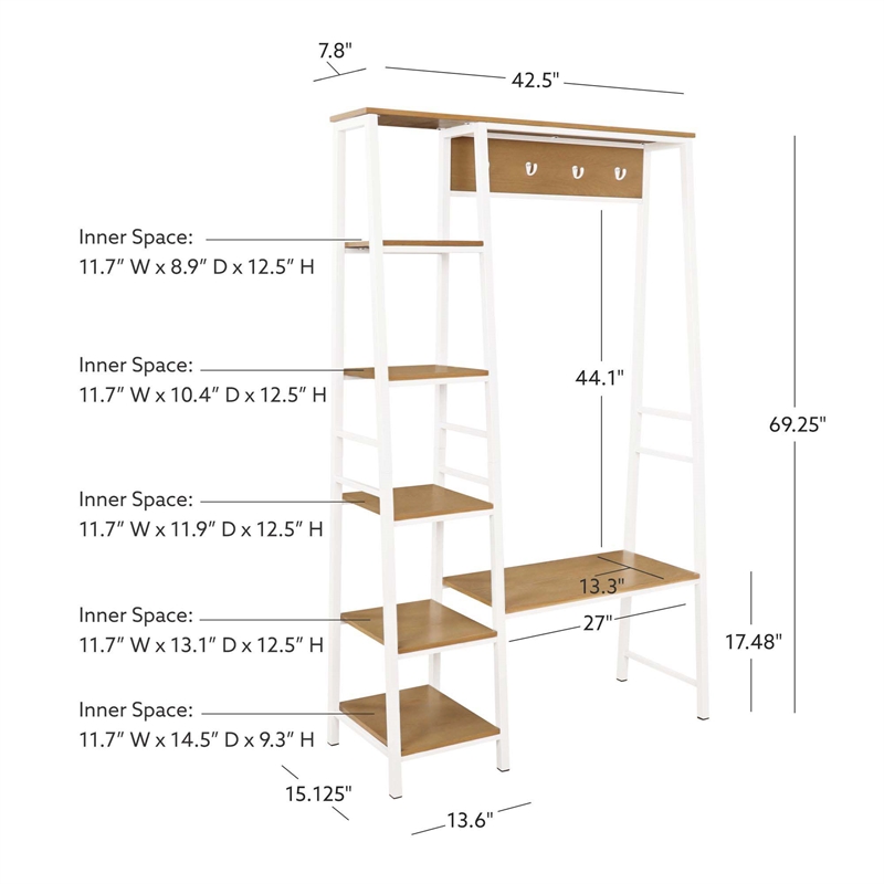 Linon Austin Sturdy Rustic Hall Tree 6 Wood Shelves 4 Hooks Metal Frame in White