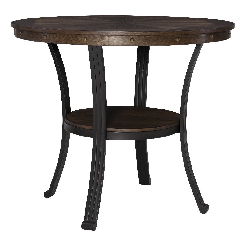 Linon Franklin Counter Height Table Metal Legs Wood Top & Shelf in Umber Brown